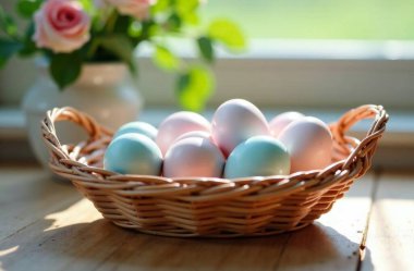 Sepette Pastel Paskalya Yumurtaları, güneşli bir günde masanın üstünde, pencerenin önünde. Yüksek kalite fotoğraf