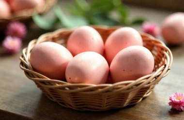 Bir sepette pembe paskalya yumurtaları, dini bayram paskalyası, pencerenin kenarındaki pencere pervazında duruyor. Yüksek kalite fotoğraf