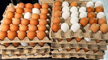 Kutularda düzgünce düzenlenmiş kahverengi ve beyaz yumurta yığınları. Yumurtalar bir pazar veya mağaza ortamında sergileniyor ve doğal çeşitliliklerini ve tazeliklerini sergiliyorlar.