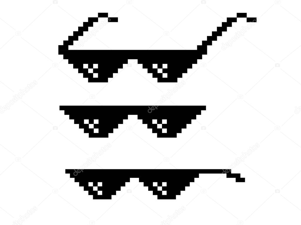 Pixel glasses. Retro funky spectacles for funny meme. 8bit pixel cool glasses icons