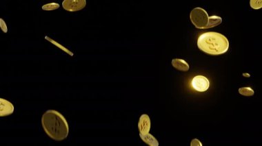 Siyah arkaplana düşen altın sikkeler, 3 boyutlu paraların yağmuru