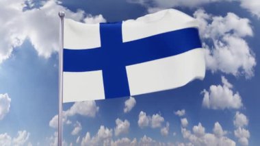 Finlandiya Ulusal Bayrağı gökyüzünde sallanıyor. Özgürlük, vatanseverlik, bağımsızlık günü kavramı.