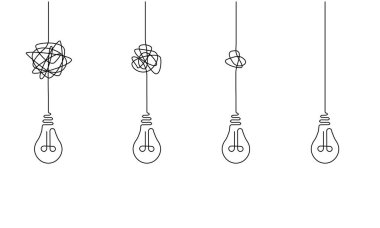 Karmaşık, karalanmış kabloların ampullere bağlı tek bir çizgi çizimi, karmaşık sorunları çözme konsepti