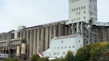 Asansörlü tarım fabrikası. Doğanın tahıl ambarı. Yazın sanayi bölgesinde. Çelik tahıl ambarları. Hava görüntüsü. Dikey video. Yüksek kalite 4k görüntü