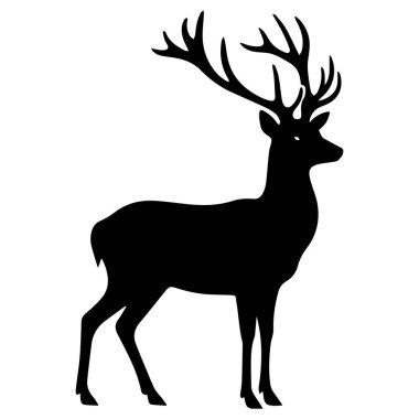 Siyah bir geyik silueti. Büyük boynuzlu vahşi hayvan. Basit siyah siluet grafiği. Çizgi film tarzı. İzole edilmiş beyaz arkaplanda vektör illüstrasyonu
