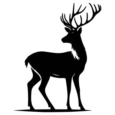 Black silhouette of a deer. Big horns wild animal. Simple black silhouette graphic. Cartoon style. Vector illustration on white isolated background clipart