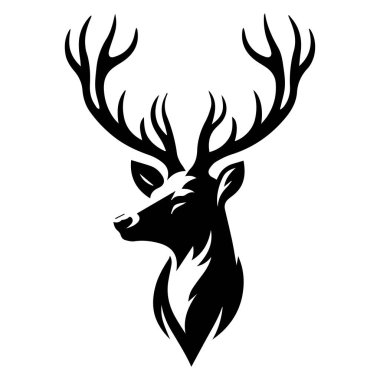 Geyik yüzünün siyah silueti. Büyük boynuzlu vahşi hayvan. Basit siyah siluet grafiği. Çizgi film tarzı. İzole edilmiş beyaz arkaplanda vektör illüstrasyonu