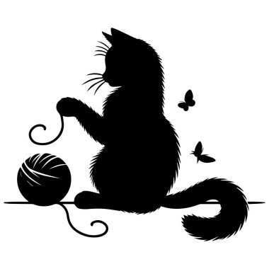 Kedi iplik topu temsili ile oynuyor. Beyaz arka planda siyah çizilmiş farklı kediler. Evcil hayvan silueti