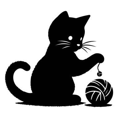Kedi iplik topu temsili ile oynuyor. Beyaz arka planda siyah çizilmiş farklı kediler. Evcil hayvan silueti