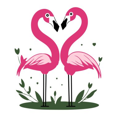 Beyaz arka planda çimenli ve yapraklı şirin pembe flamingo Yaz Aşkı Tatlı Flamingo Çifti