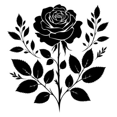 Beyaz arkaplanda izole edilmiş bir gül çiçeğinin siyah silueti.