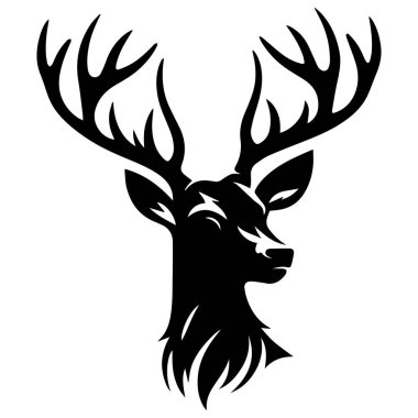 Geyik yüzünün siyah silueti. Büyük boynuzlu vahşi hayvan. Basit siyah siluet grafiği. Çizgi film tarzı. İzole edilmiş beyaz arkaplanda vektör illüstrasyonu