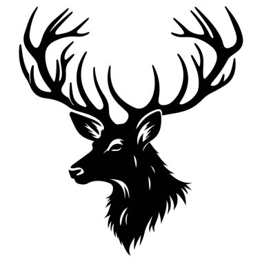 Geyik yüzünün siyah silueti. Büyük boynuzlu vahşi hayvan. Basit siyah siluet grafiği. Çizgi film tarzı. İzole edilmiş beyaz arkaplanda vektör illüstrasyonu