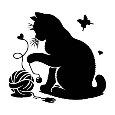 Kedi iplik topu temsili ile oynuyor. Beyaz arka planda siyah çizilmiş farklı kediler. Evcil hayvan silueti
