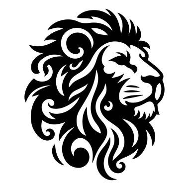 Aslan başlı, aslan yüzlü vektör illüstrasyonu, beyaz arka planda. Aslan başlı siluet vektör sanat çizimi. aslan başlı maskot vektörü