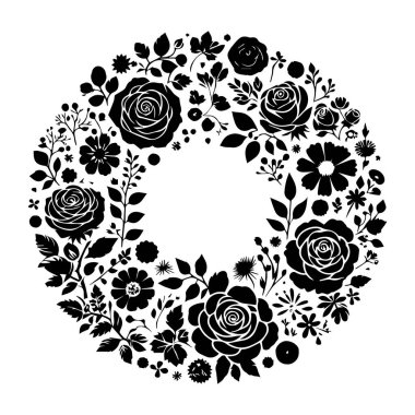Çiçekli yuvarlak çerçeveler ve düğün için siluet dikmek. Beyaz arka planda düğün çiçeğini çerçevelet. Çiçeklerin silueti, yuvarlak çiçek çerçevesi.