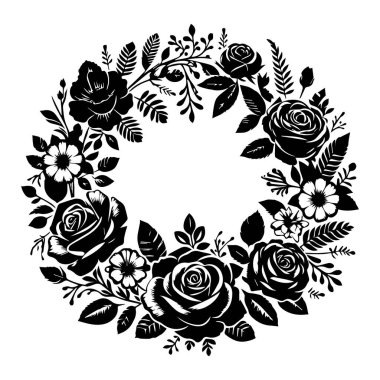 Çiçekli yuvarlak çerçeveler ve düğün için siluet dikmek. Beyaz arka planda düğün çiçeğini çerçevelet. Çiçeklerin silueti, yuvarlak çiçek çerçevesi.