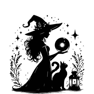 Süpürgeyle gezen güzel bir cadının siyah silueti ve beyaz arka planda izole edilmiş bir kedi. Kedi, Ay ve büyü ile cadı