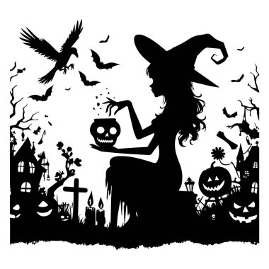 Süpürgeyle gezen güzel bir cadının siyah silueti ve beyaz arka planda izole edilmiş bir kedi. Kedi, Ay ve büyü ile cadı