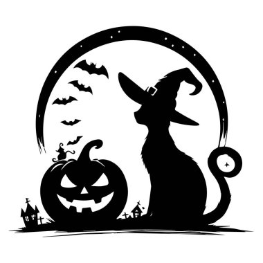 Cadılar Bayramı temalı cadı şapkalı bir kedinin silüeti. Cadılar Bayramı temalı cadı şapkalı bir kedinin siyah silueti. Vektör illüstrasyonu