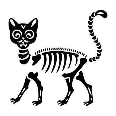 İskelet kara kedi koleksiyonu. Kemik kostümlü cadılar bayramı kedisi koleksiyonu. Beyaz arkaplanda vektör illüstrasyonu. Ürkütücü Cadılar Bayramı kedi çizimi