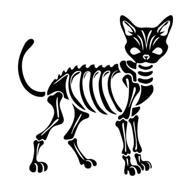 İskelet kara kedi koleksiyonu. Kemik kostümlü cadılar bayramı kedisi koleksiyonu. Beyaz arkaplanda vektör illüstrasyonu. Ürkütücü Cadılar Bayramı kedi çizimi