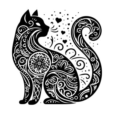 Bohem desenli Habeş kedisi, bohem desenli, beyaz bir arka planda izole edilmiş bohem bir kedi. Duvara, tişörte, dövmeye, sosyal medya paylaşımına ve hikayelere basmak için Moda boho tarzında Kara Kedi.