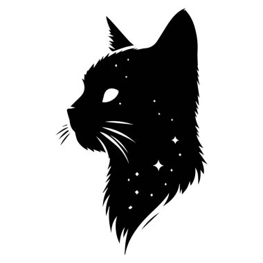 Bohem desenli Habeş kedisi, bohem desenli, beyaz bir arka planda izole edilmiş bohem bir kedi. Duvara, tişörte, dövmeye, sosyal medya paylaşımına ve hikayelere basmak için Moda boho tarzında Kara Kedi.