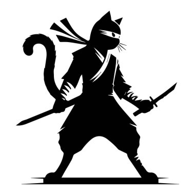 Kılıç tutan çekici bir samurayın tasviri. Ninja kedi ninjitsu kedisi. Bu simge hayvan atletizmini temsil ediyor. Birinci sınıf bir vektör formatında izole edilmiş. Tişört tasarımı için düz çizgi film tarzında sunulmuştur.