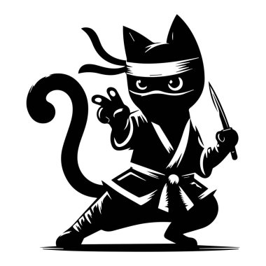 Kılıç tutan çekici bir samurayın tasviri. Ninja kedi ninjitsu kedisi. Bu simge hayvan atletizmini temsil ediyor. Birinci sınıf bir vektör formatında izole edilmiş. Tişört tasarımı için düz çizgi film tarzında sunulmuştur.