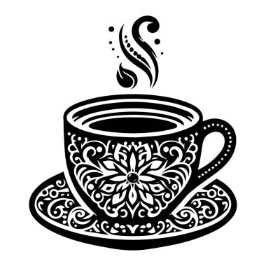 Yazdırma, işleme, boyama vesaire için Mandala kahvesi ya da çay fincanı. Tasarım elementi, oyma, yetişkin boyama sayfası için soyut mandala doodle kahve fincanı. Vektör illüstrasyonu