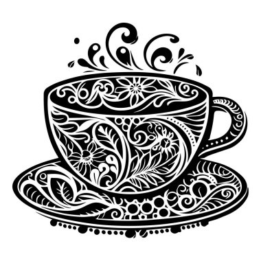 Yazdırma, işleme, boyama vesaire için Mandala kahvesi ya da çay fincanı. Tasarım elementi, oyma, yetişkin boyama sayfası için soyut mandala doodle kahve fincanı. Vektör illüstrasyonu