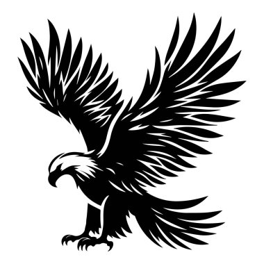 Yuvasında oturan siyah-beyaz kartal silueti, Uçan Kel Kartal siyah-beyaz siluet vektörü, beyaz arka planda izole edilmiş Kel Kartal silueti
