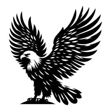 Yuvasında oturan siyah-beyaz kartal silueti, Uçan Kel Kartal siyah-beyaz siluet vektörü, beyaz arka planda izole edilmiş Kel Kartal silueti