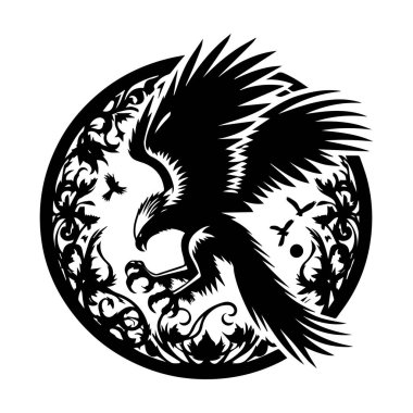 Yuvasında oturan siyah-beyaz kartal silueti, Uçan Kel Kartal siyah-beyaz siluet vektörü, beyaz arka planda izole edilmiş Kel Kartal silueti