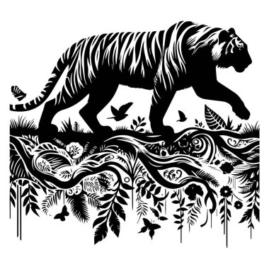 Orman Yeşilliği 'ndeki Görkemli Kaplan Silueti, Siyah ve Beyaz Vahşi Yaşam Çizimi, Vahşi Kaplan Silüeti EPS vektörü Beyaz arka planda izole edilmiş bir resim şablonu