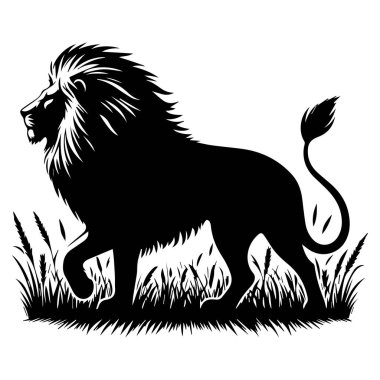 Vahşi doğa silueti ile vahşi Afrika aslanı, Aslan Silueti: Darbeli Kara Stil minimalist aslan siyah vektörü Silueti Soylu Yaban Kedisinin Dinamik ve Karmaşık Vektör Sanat Tasviri