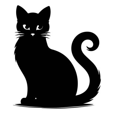 Bir kedinin silueti. Kedicik siyah renkli siluet, siyah renkli siluet. Beyaz Arkaplanda Oturan Siyah Kedi Vektör İllüstrasyonu