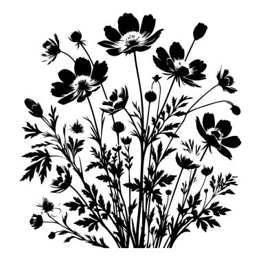 Otlar ve yabani çiçeklerle otlar, çiçek tarlalarının izole edilmiş silueti. Yatay kenar, çiçek ve siluet seti. El çizimi çiçek desenleri bahçe çiçekleri ve beyaz arka planda izole edilmiş yapraklar.