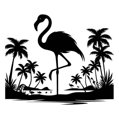 Flamingo vektör silueti, vektör siyah flamingo silueti, tropikal kuş flamingosunun siyah silueti. Flamingo 'nun ana hatlarıyla gösterimi beyaz arkaplanda izole edilmiş, flamingo tek ayak üzerinde duruyor. Turnalar, Akbalıkçıllar ve flamingolar
