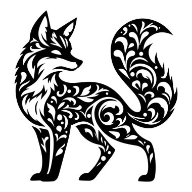 Tilki silueti bohem, bohem, doğa çizimi. Tilki kafası sanatı, vektör çizimi. Tilki ve çiçeklerle çift pozlama, dekoratif konsept. Poster, kart veya tişört tasarımı