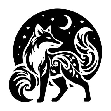 Tilki silueti bohem, bohem, doğa çizimi. Tilki kafası sanatı, vektör çizimi. Tilki ve çiçeklerle çift pozlama, dekoratif konsept. Poster, kart veya tişört tasarımı