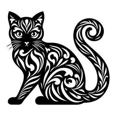 Bohem desenli Habeş kedisi, bohem desenli, beyaz bir arka planda izole edilmiş bohem bir kedi. Duvara, tişörte, dövmeye, sosyal medya paylaşımına ve hikayelere basmak için Moda boho tarzında Kara Kedi.
