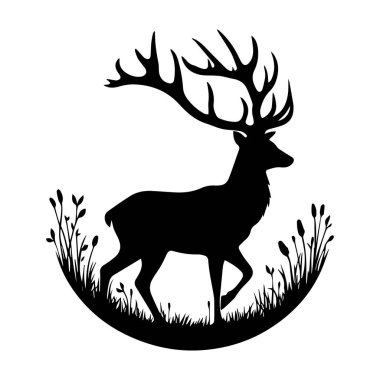 Çimen siluet vektör sanat illüstrasyonunda geyik doğa ağaçlarında geyik avlama logosu siyah siluet vektörü, temiz çizgi sanat tarzında geyik illüstrasyonu, siyah vektör, vahşi yaşam macerası kamp manzarası resimleme