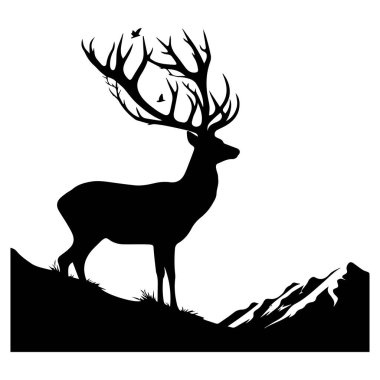 Çimen siluet vektör sanat illüstrasyonunda geyik doğa ağaçlarında geyik avlama logosu siyah siluet vektörü, temiz çizgi sanat tarzında geyik illüstrasyonu, siyah vektör, vahşi yaşam macerası kamp manzarası resimleme