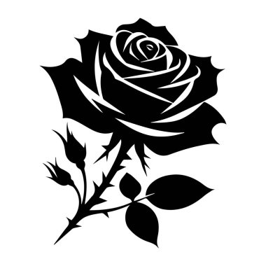 Dikenli siyah ve beyaz gül silueti, yapraklı ve dikenli tek bir gülün zarif siyah ve beyaz silueti, zamansız güzellik ve klasik tasarım sergiliyor.