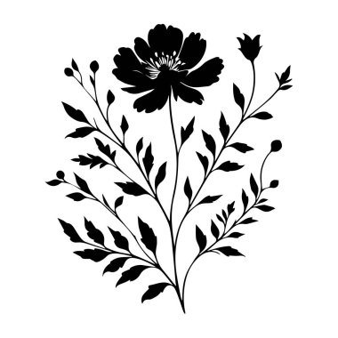 Otlar ve yabani çiçeklerle otlar, çiçek tarlalarının izole edilmiş silueti. Yatay kenar, çiçek ve siluet seti. El çizimi çiçek desenleri bahçe çiçekleri ve beyaz arka planda izole edilmiş yapraklar.