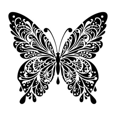 Bohem siyah-beyaz siluet çizimi ile kelebek silueti, bohem, bohem, beyaz arka planda doğa çizimi, bohem tarzında siyah-beyaz kelebek çizimi