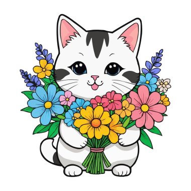 Pençelerinde bir buket çiçekle gezen kedi. Düz vektör çizimi. Neşeli Çizgi film Kedisi. Buket Sevimli Karikatür Cazibesi. 