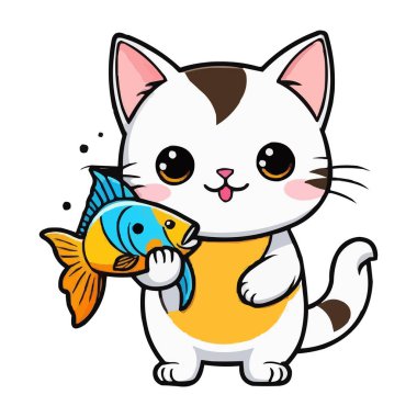 Balık karikatüründe asılı duran sevimli kedi vektör ikon resimli hayvan besin ikonu izole edilmiş daire. Balık karikatürü çizen sevimli bir kedi. Balıklı şirin bir kedi.